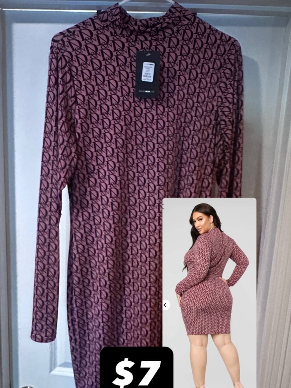 Mock-Neck Patterned Bodycon Dress - Mauve Pink